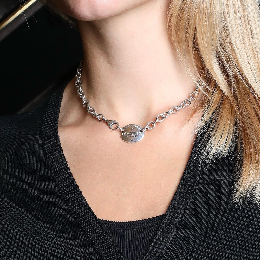 Badly tarnished Tiffany Chain Oval Tag Necklace